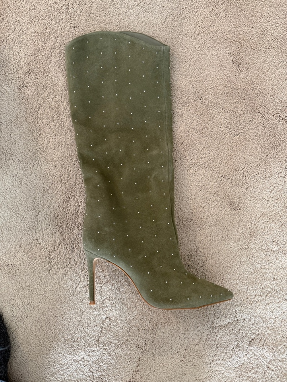 Schultz Olive Green Suede Knee-High Stiletto Boots with Studs